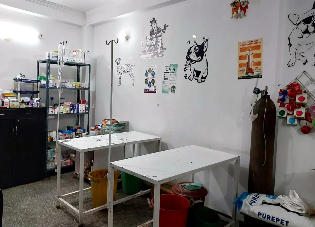 Treatment room with an IV drip stand, an oxygen cylinder, a medicine shelf and two examination tables